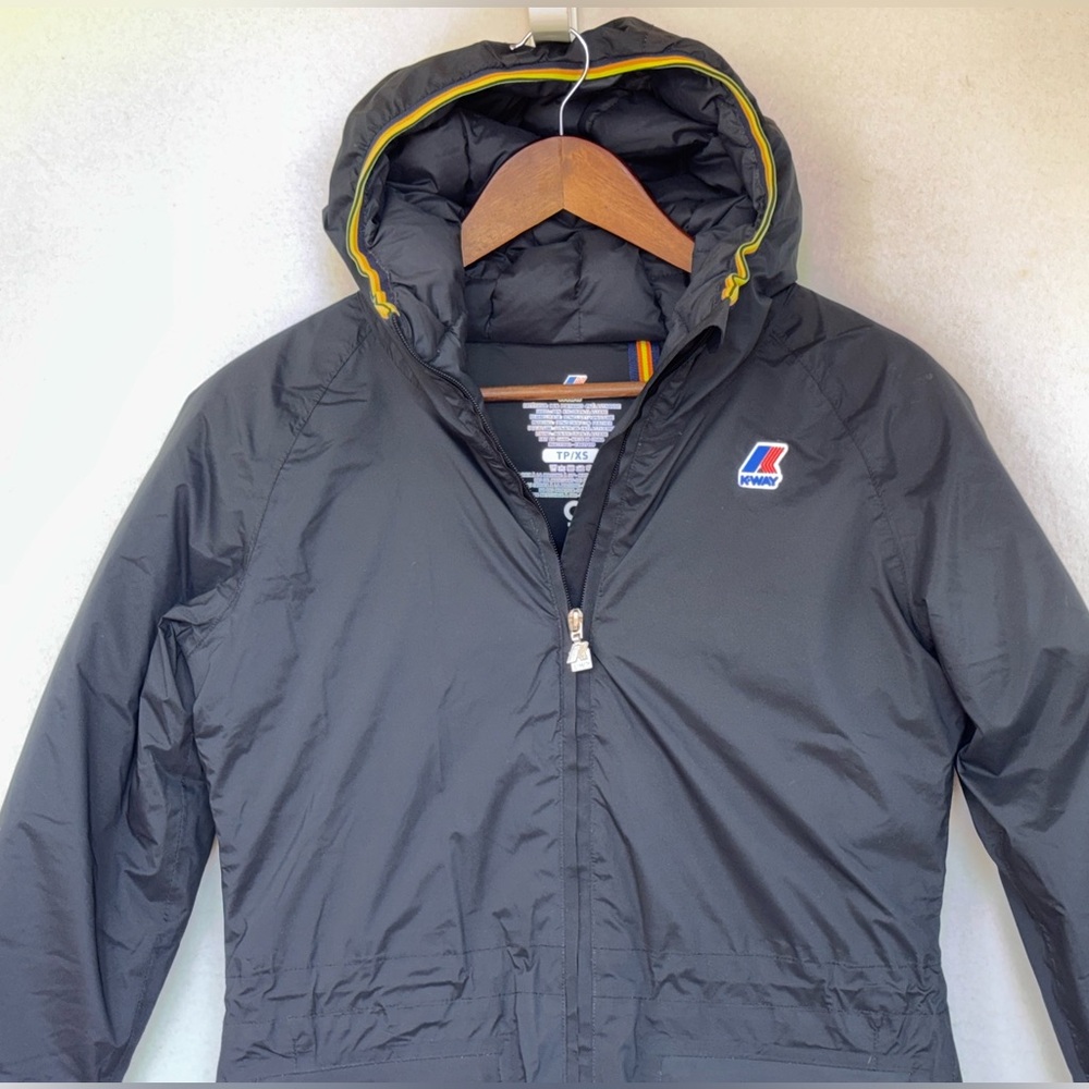 K-WAY Puffer Jacket Coat Down Feathers Women's Black‎ XS Hood Rainbow Stripe NEW - Picture 6 of 16
